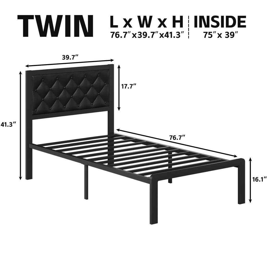 Black PU Leather Upholstered Twin Bed Frame with Headboard E4410