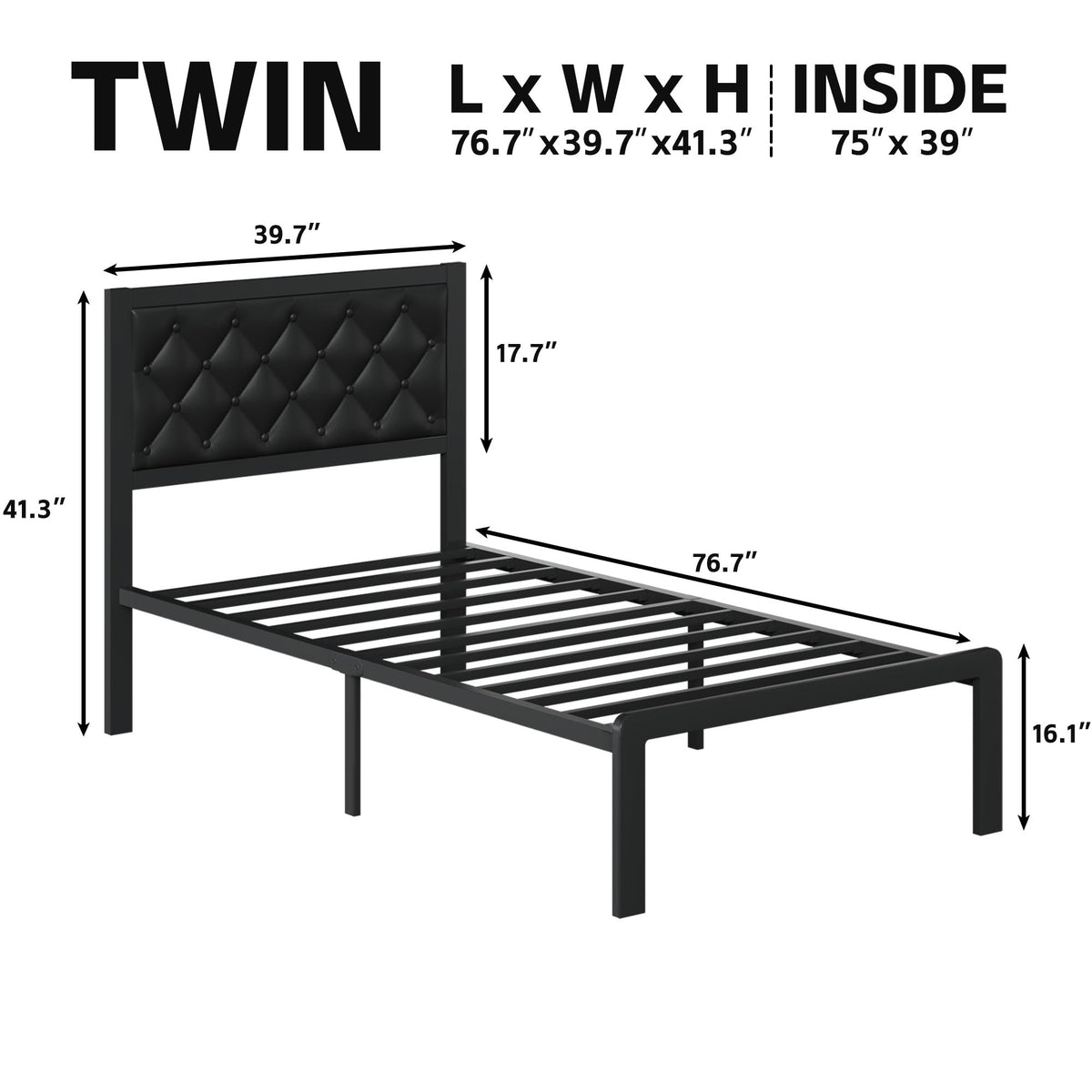 Black PU Leather Upholstered Twin Bed Frame with Headboard E4410