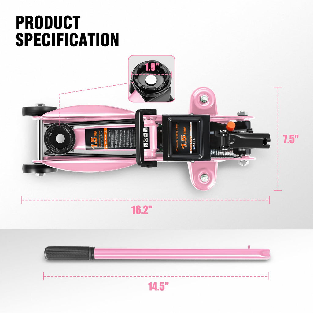 Low Profile Hydraulic Trolley Floor Jack 1.5 Ton Pink P98519