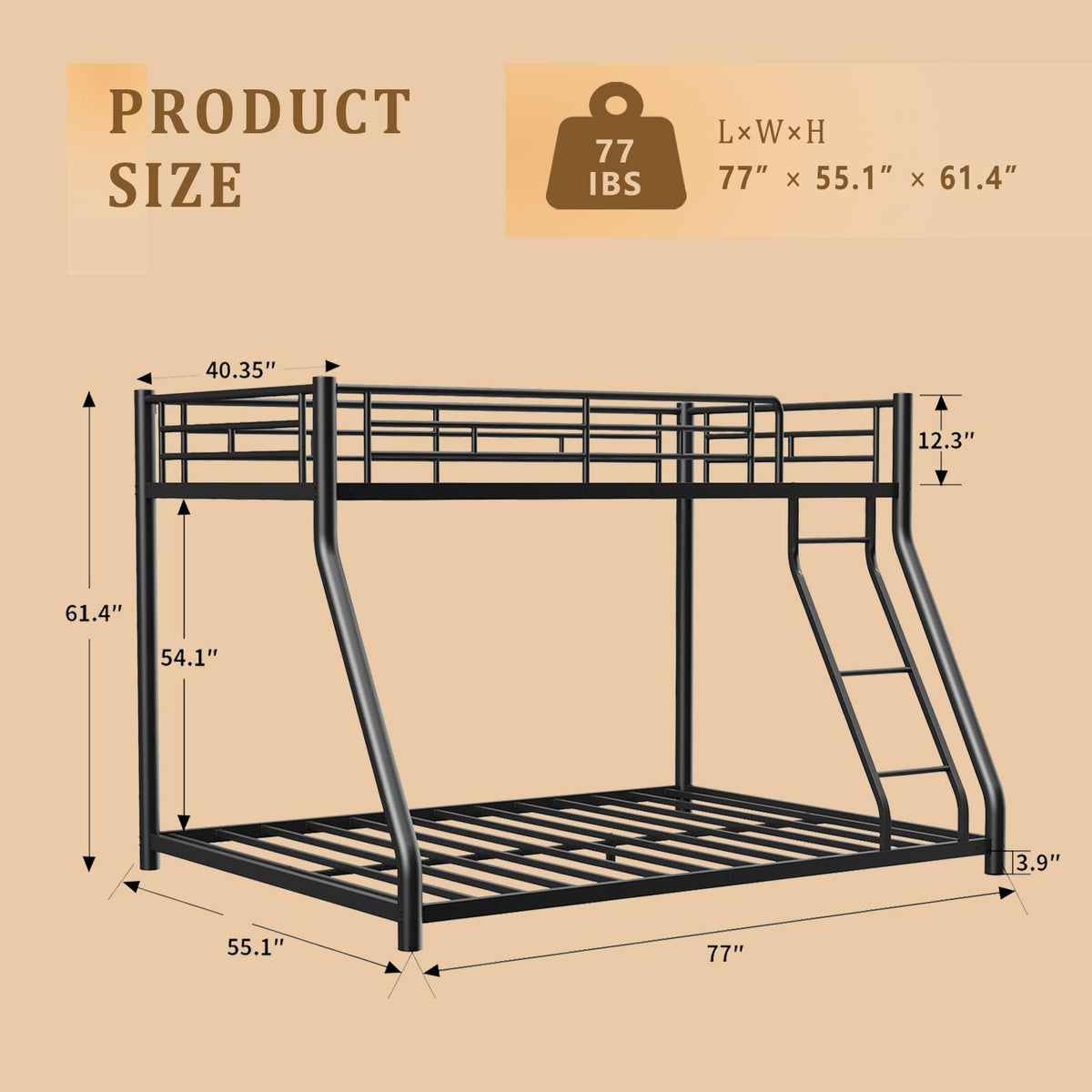 Twin Over Full Size Bunk Bed with Guardrail & Ladder C1396