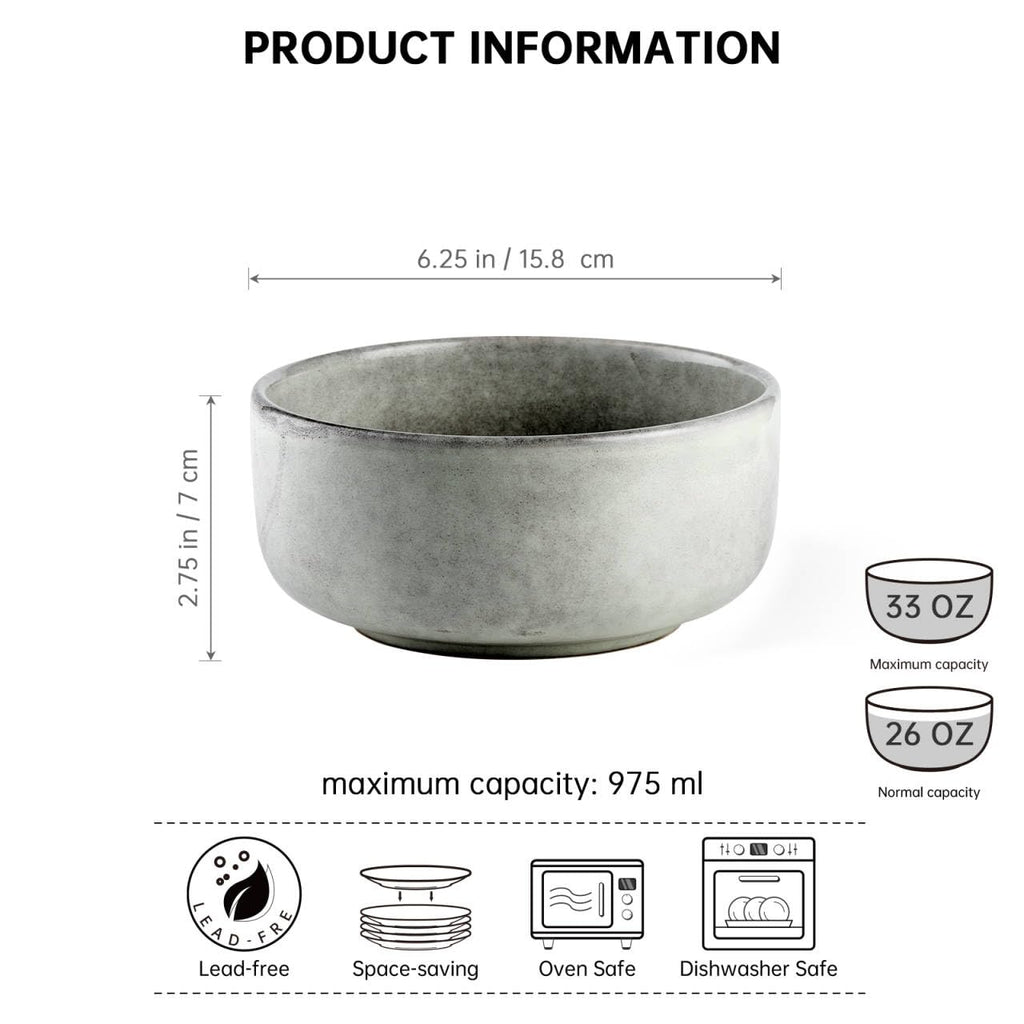 Ceramic Bowl Set of 4, 26 OZ Porcelain Bowls, Reactive Glaze, Microwave & Dishwasher Safe, Grey A45443