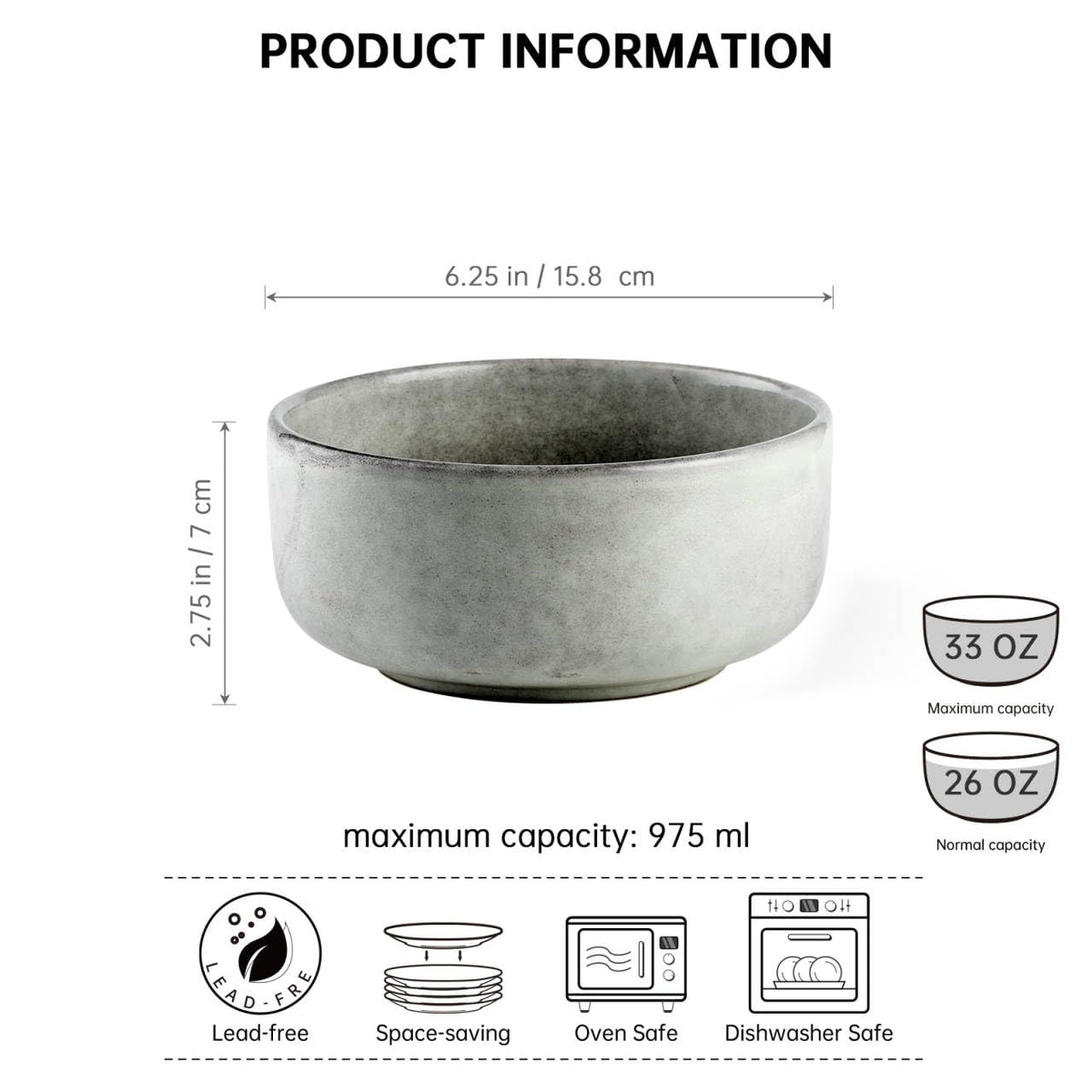 Ceramic Bowl Set of 4, 26 OZ Porcelain Bowls, Reactive Glaze, Microwave & Dishwasher Safe, Grey A45443