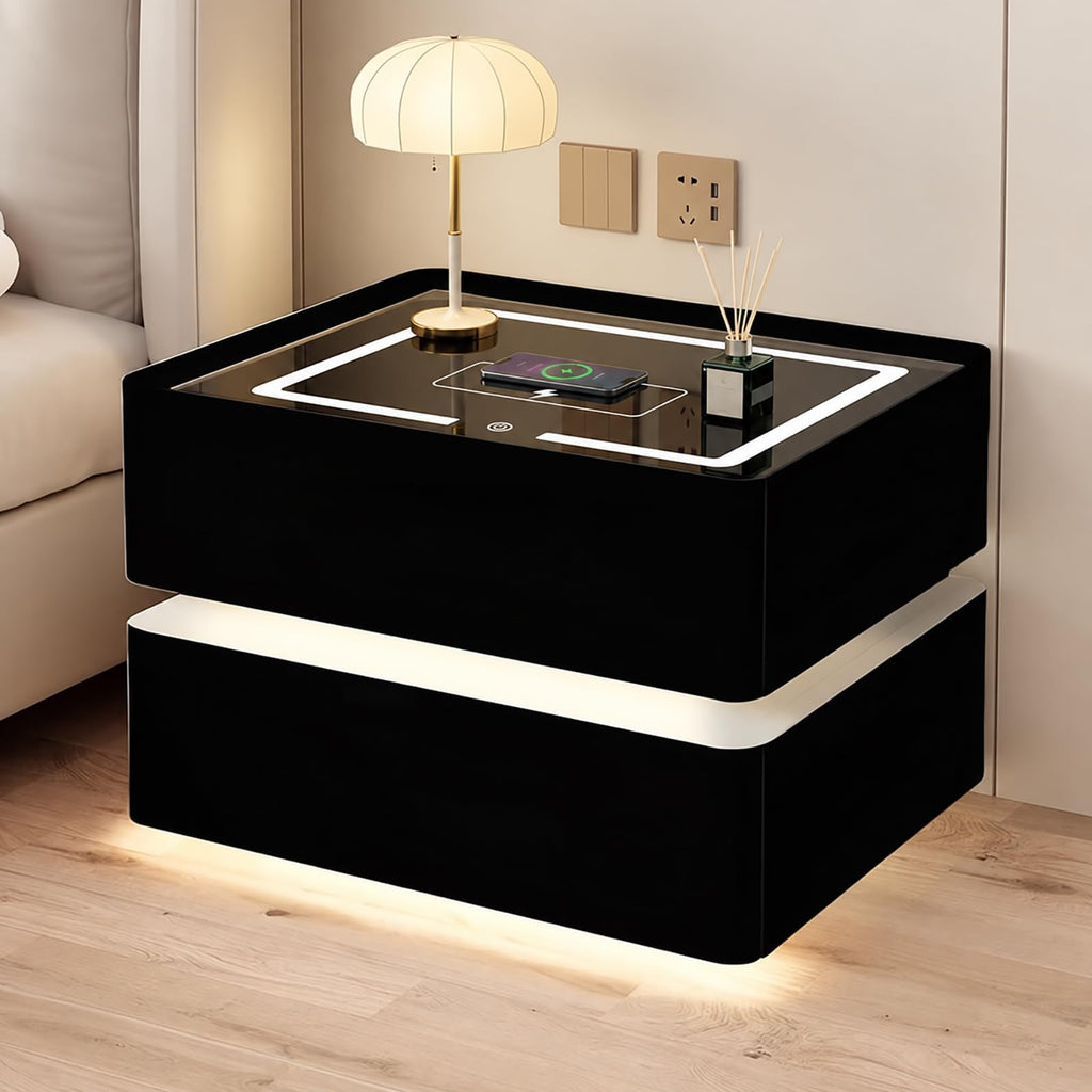 Black Solid Wood Nightstand with Wireless Charging and Drawers R8969