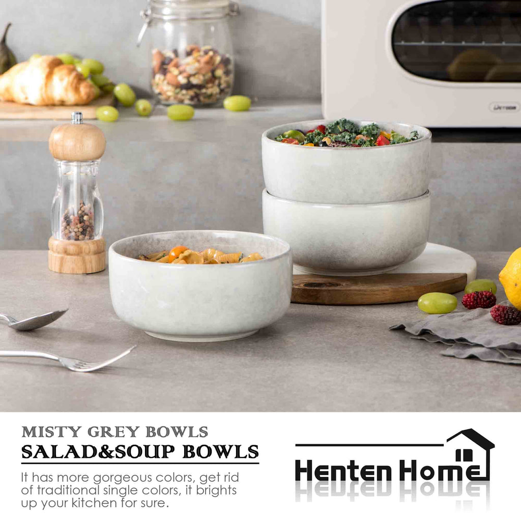 Ceramic Bowl Set of 4, 26 OZ Porcelain Bowls, Reactive Glaze, Microwave & Dishwasher Safe, Grey A45443