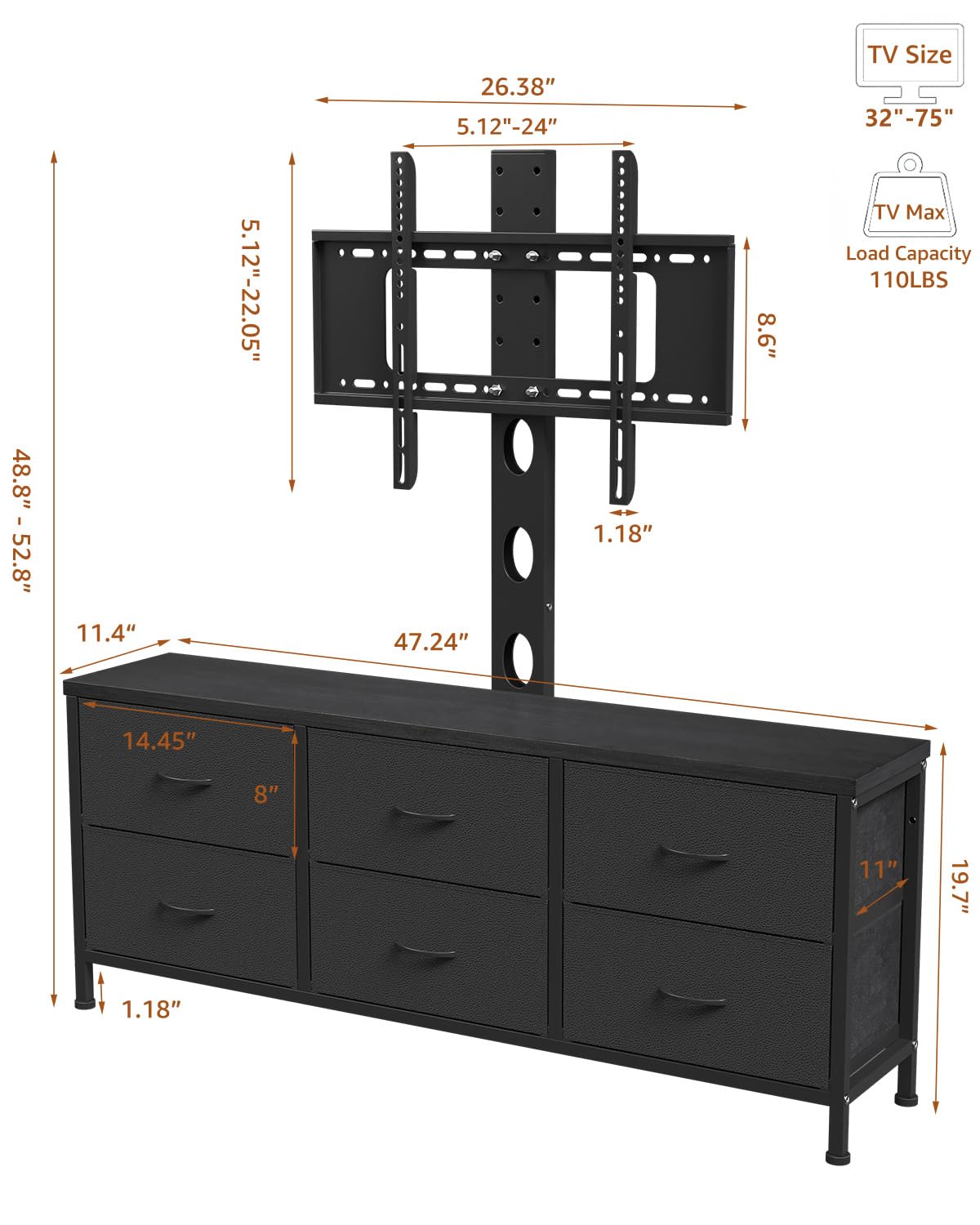 Black 6 Drawer TV Stand with Mount L4208