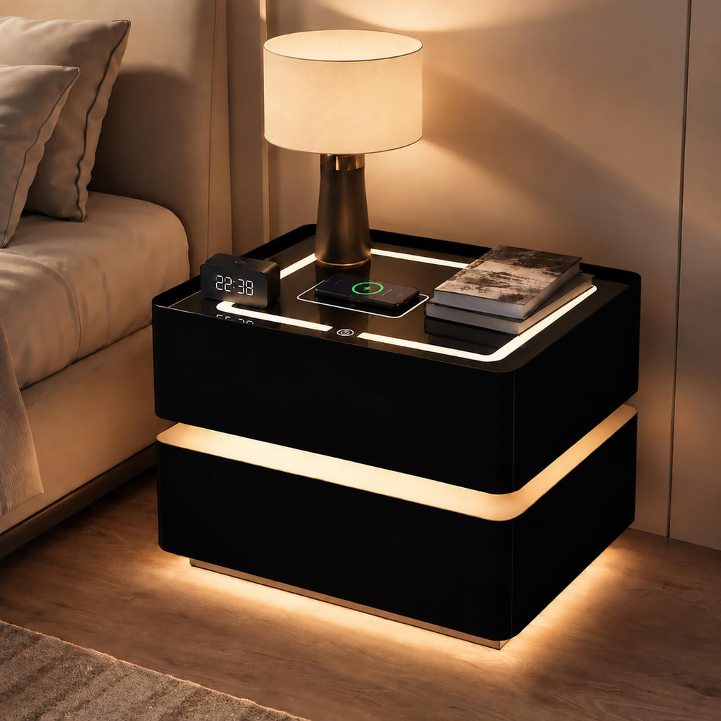 Black Solid Wood Nightstand with Wireless Charging and Drawers R8969