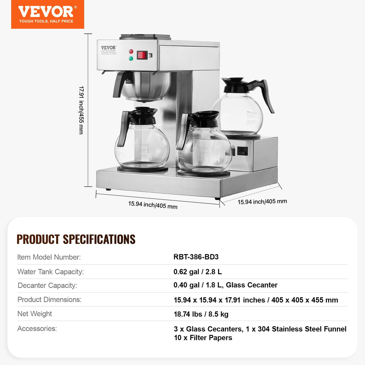 12 Cups Commercial Drip Coffee Maker with 3 Glass Carafes and Warmer Plates G9931