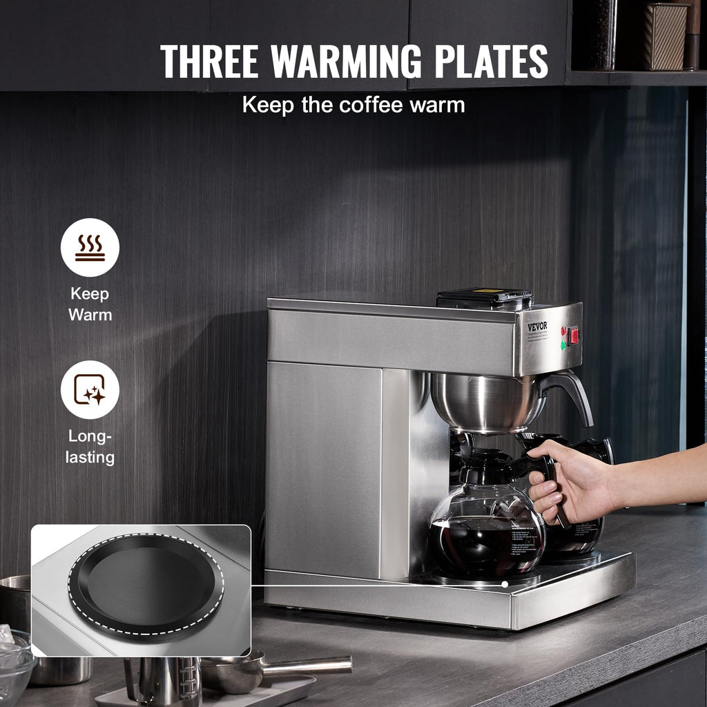 12 Cups Commercial Drip Coffee Maker with 3 Glass Carafes and Warmer Plates G9931