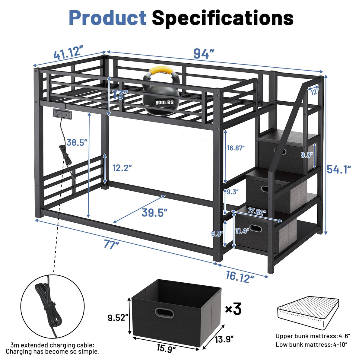 Twin Over Twin Metal Bunk Bed with Storage Stairs, Drawers & Shelves, Power Outlet and RGB LED Lights, Safety Guardrails & Metal Slats (Black) X44753