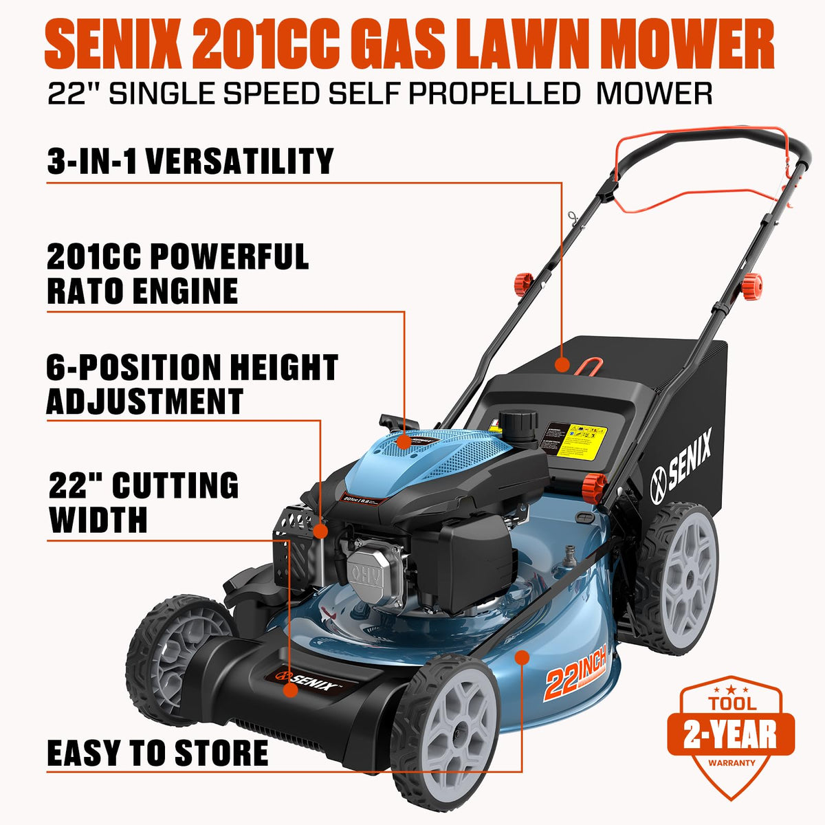 22" 3-in-1 Self Propelled Gas Lawn Mower Z51782