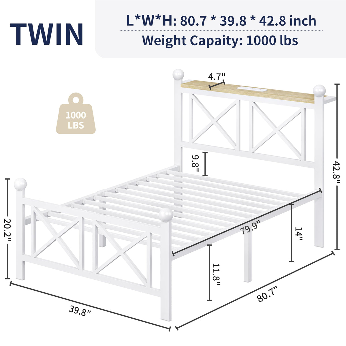 White Twin Bed Frame with Headboard and Footboard E83673