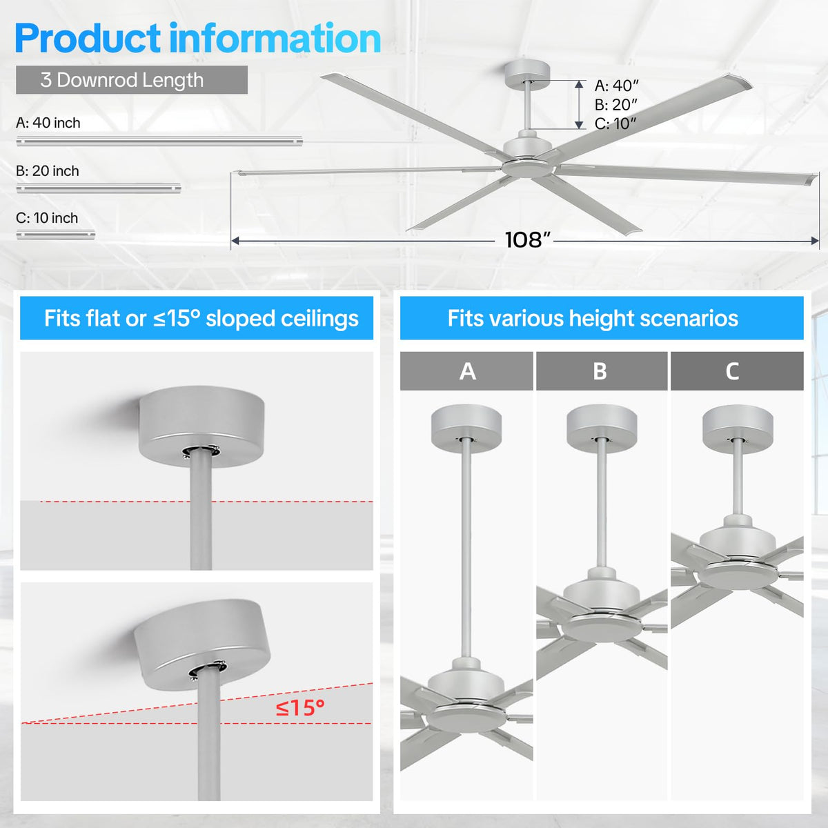 Silver 108 Inch 6 Blade HVLS Ceiling Fan with Remote N69203