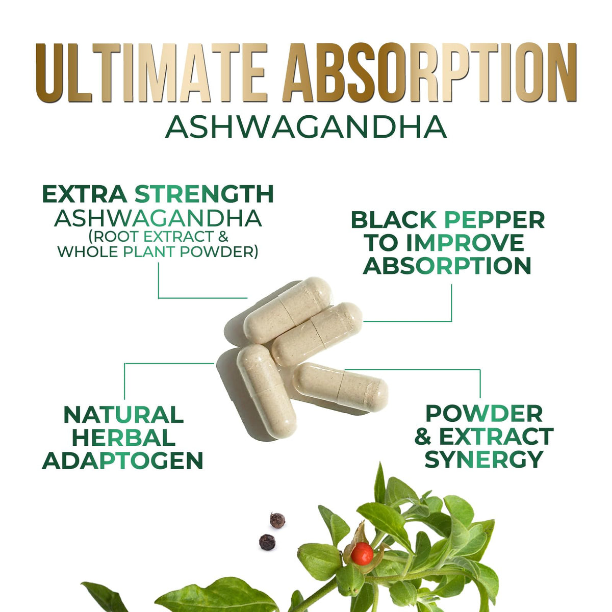 Ashwagandha Capsules with Black Pepper Vegan 180 Capsules F86634