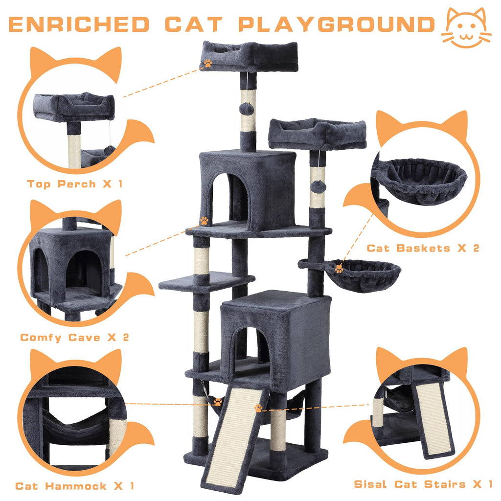 70-Inch Dark Gray Cat Tree Tower with Hammock Y506