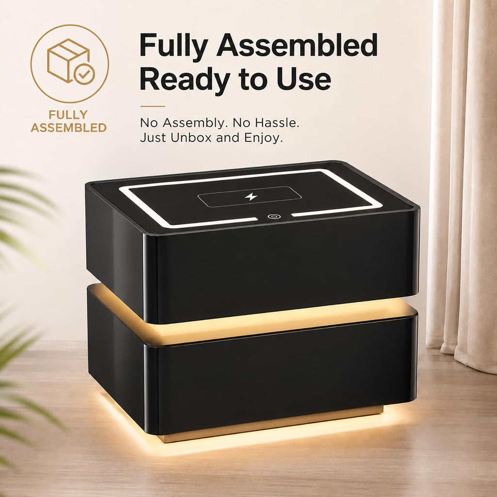 Black Solid Wood Nightstand with Wireless Charging and Drawers R8969