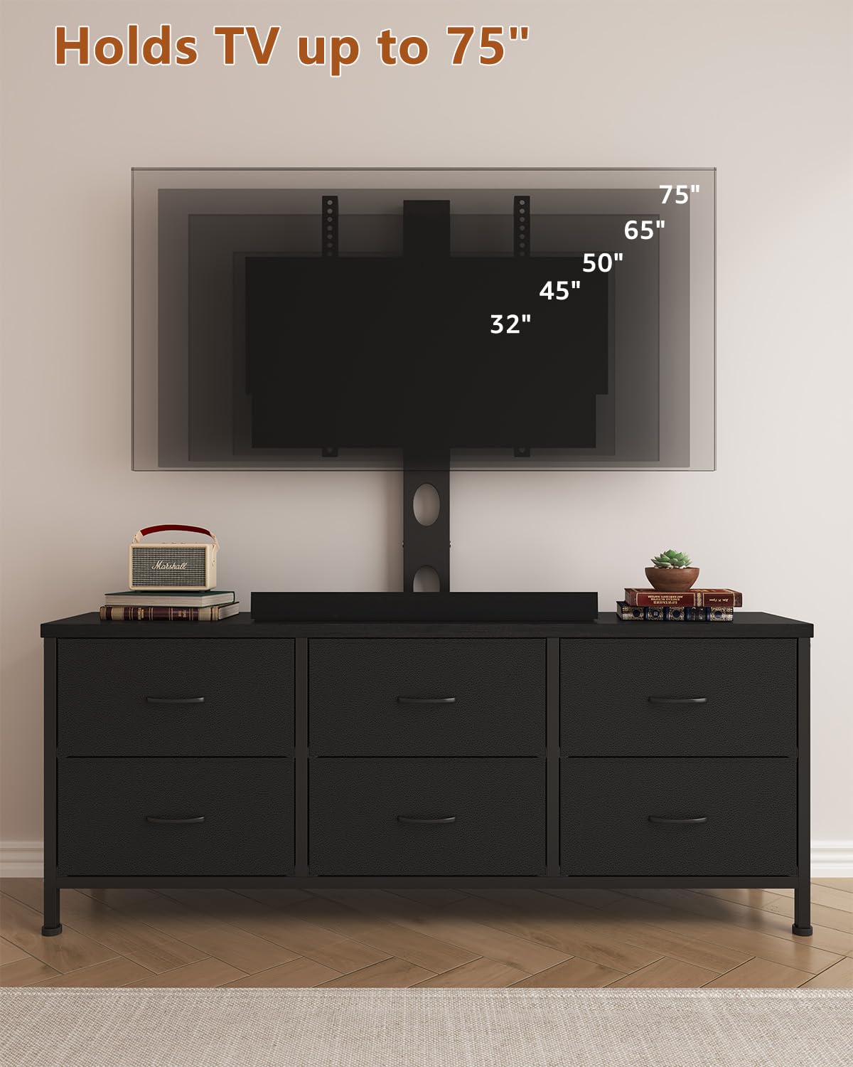 Black 6 Drawer TV Stand with Mount L4208