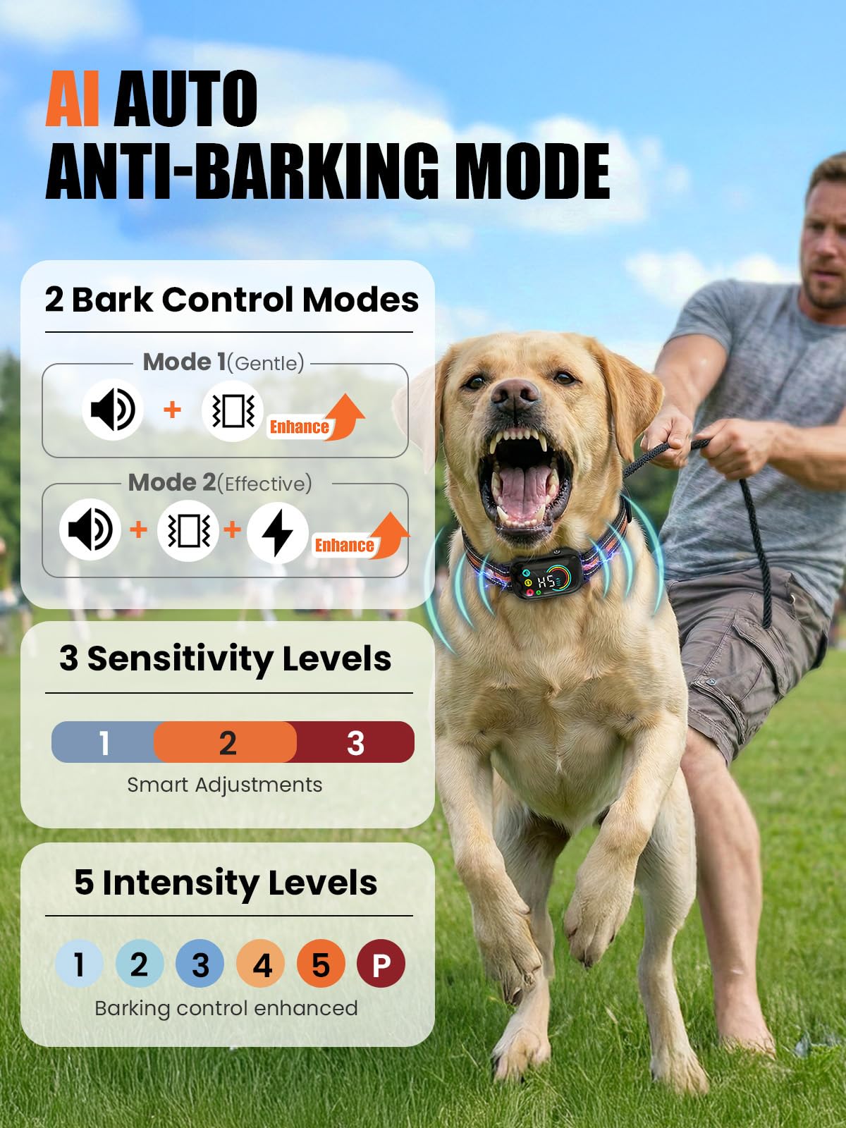 2-in-1 Dog Bark Collar & Shock Collar, IPX7 Waterproof E Collars with AI Anti-Bark/Beep/Vibration/Shock/no Shock for Small Medium Large Dog(5-120Lbs), Dog Training Collar with 3300FT Remote A4492