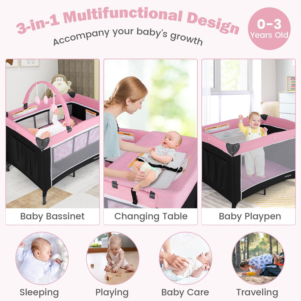 3 in 1 Pink Pack and Play Baby Crib Bassinet B836167