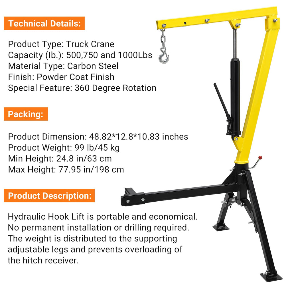 Hydraulic 1000Lbs Hitch-Mounted 360° Swivel Pickup Truck Crane Z260520