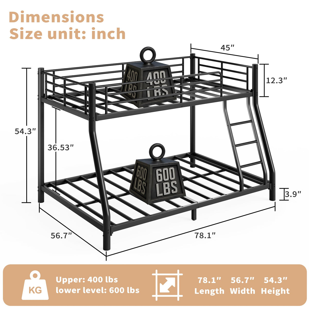 Twin Over Full Size Bunk Bed with Guardrail & Ladder C1396
