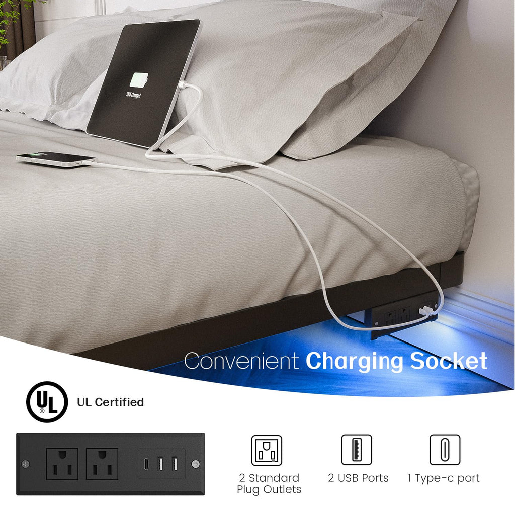 Full Size Metal Floating Bed Frame with LED Light & Charging Station F563441