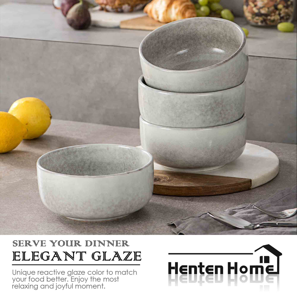 Ceramic Bowl Set of 4, 26 OZ Porcelain Bowls, Reactive Glaze, Microwave & Dishwasher Safe, Grey A45443