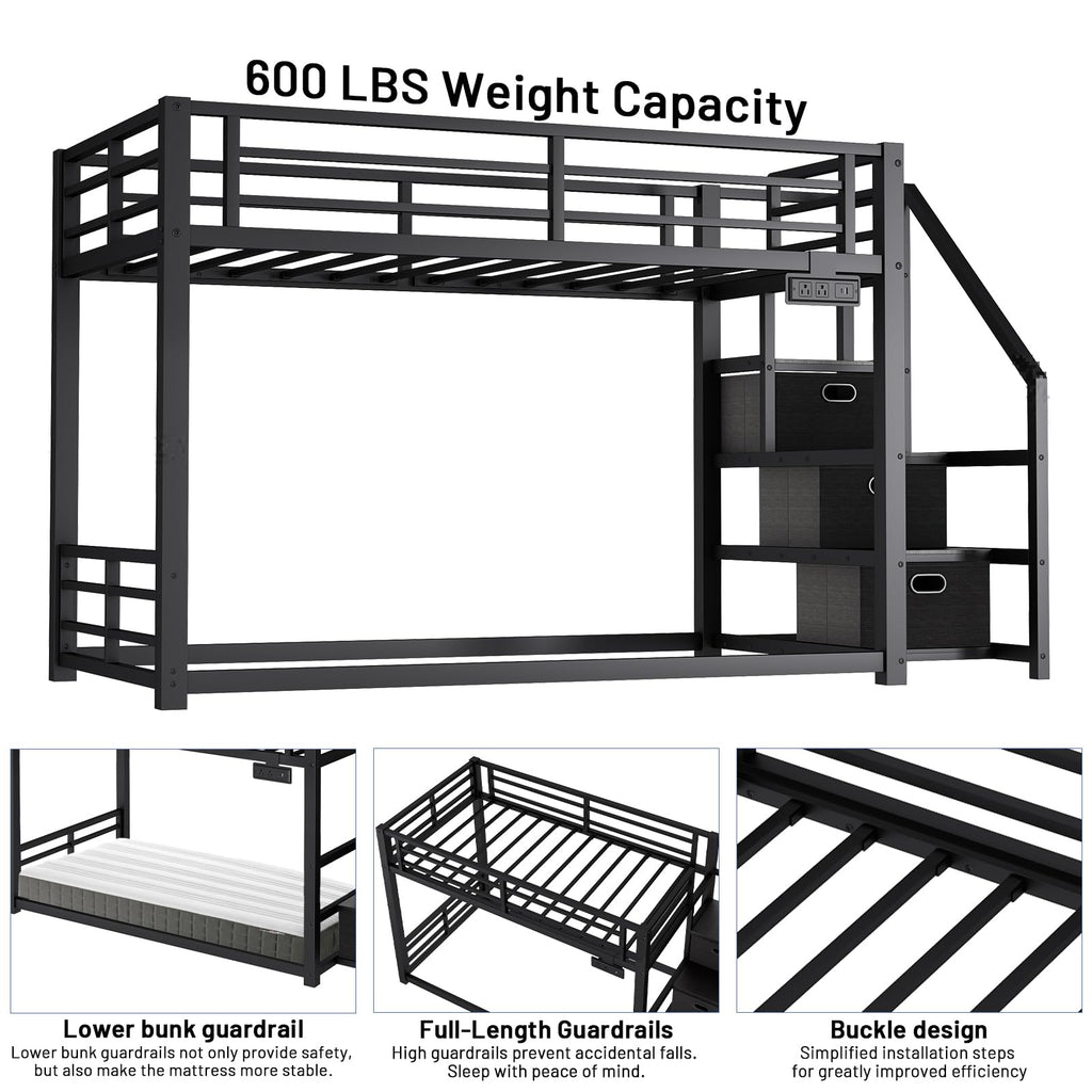 Twin Over Twin Metal Bunk Bed with Storage Stairs, Drawers & Shelves, Power Outlet and RGB LED Lights, Safety Guardrails & Metal Slats (Black) X44753