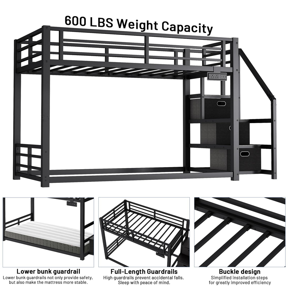 Twin Over Twin Metal Bunk Bed with Storage Stairs, Drawers & Shelves, Power Outlet and RGB LED Lights, Safety Guardrails & Metal Slats (Black) X44753