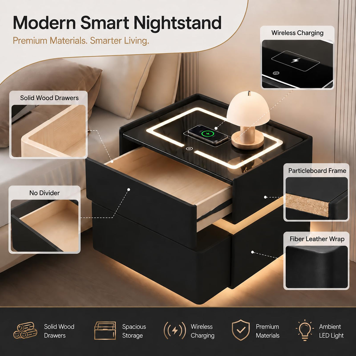 Black Solid Wood Nightstand with Wireless Charging and Drawers R8969