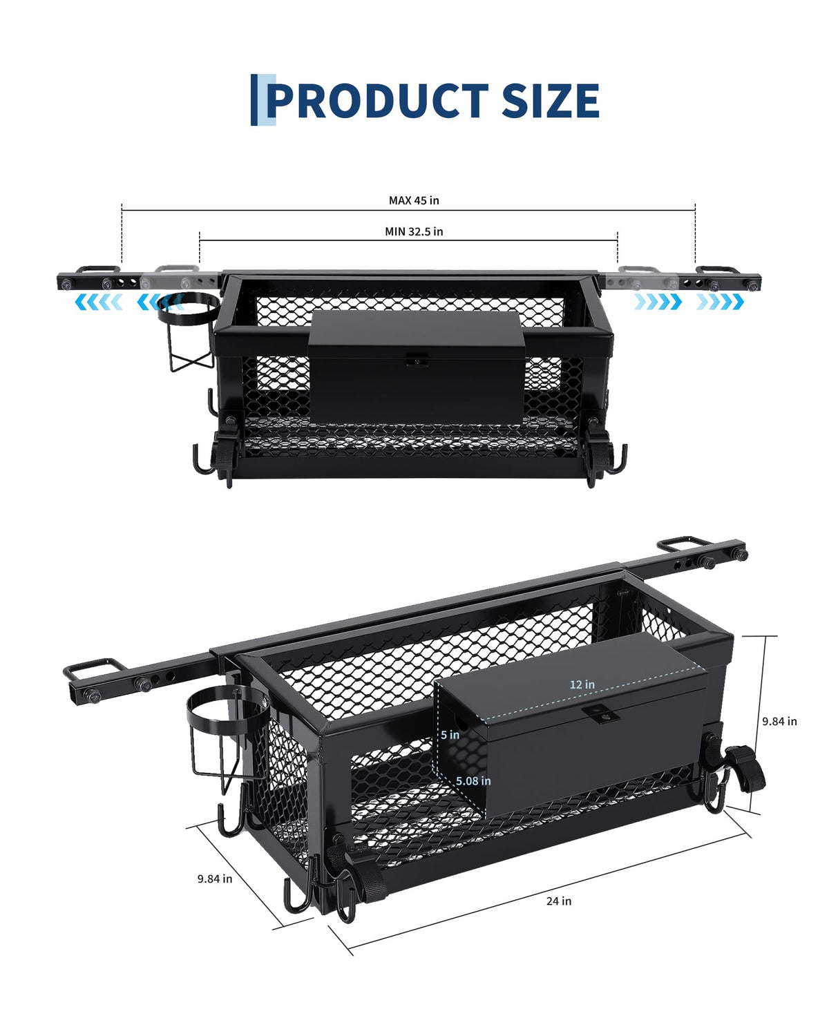 Heavy Duty Tractor Tool Box, 24x10x10 Inch Lockable Basket Attachment with Hooks and Ratchet Strap U731771