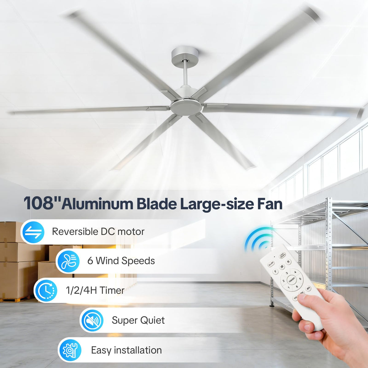 Silver 108 Inch 6 Blade HVLS Ceiling Fan with Remote N69203