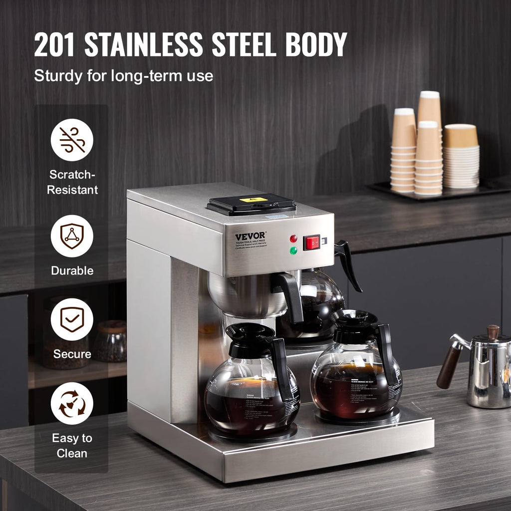 12 Cups Commercial Drip Coffee Maker with 3 Glass Carafes and Warmer Plates G9931