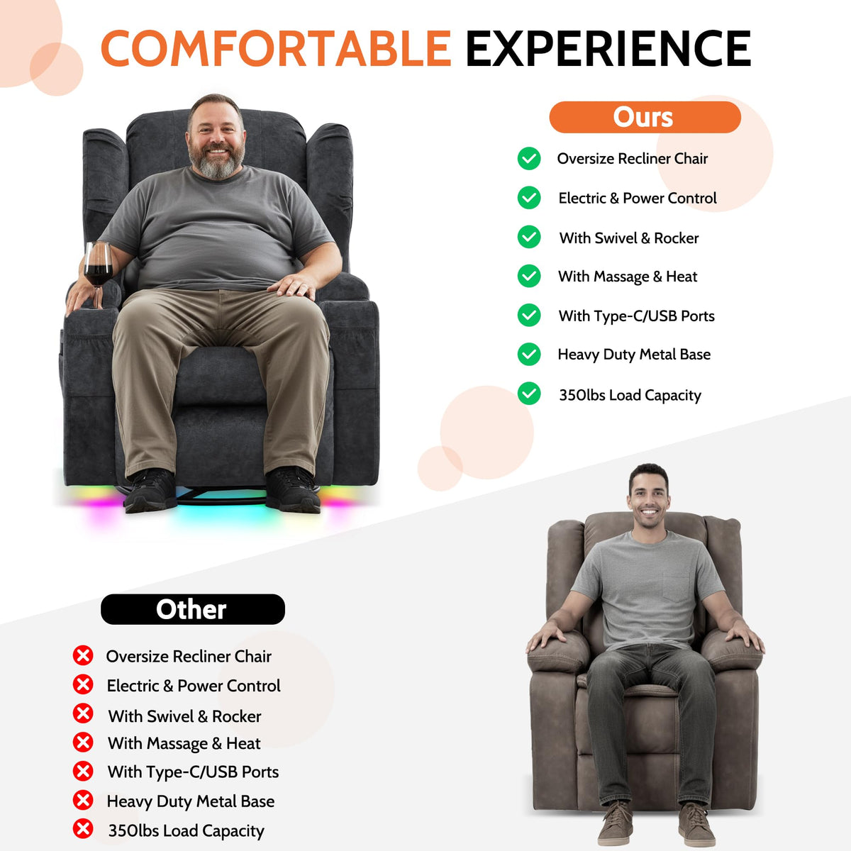 Velvet Gray Power Swivel Rocker Recliner Chair with Massage & Heat K9963