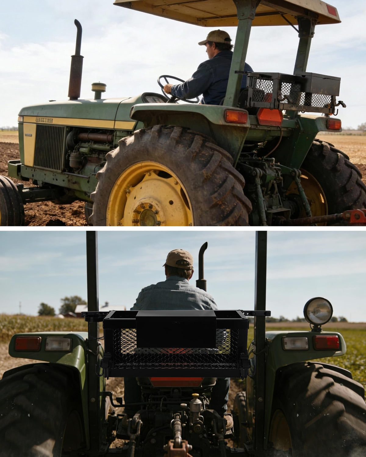 Heavy Duty Tractor Tool Box, 24x10x10 Inch Lockable Basket Attachment with Hooks and Ratchet Strap U731771