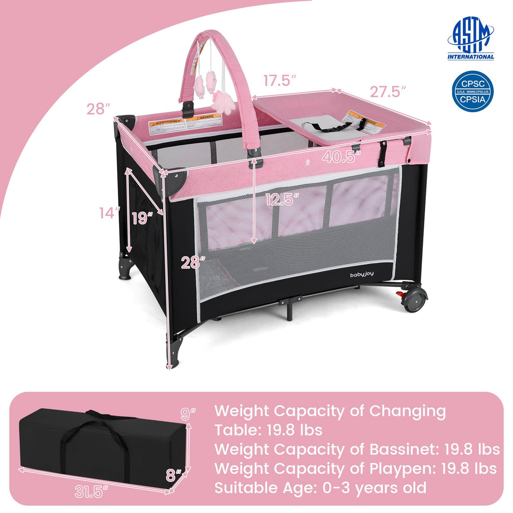 3 in 1 Pink Pack and Play Baby Crib Bassinet B836167