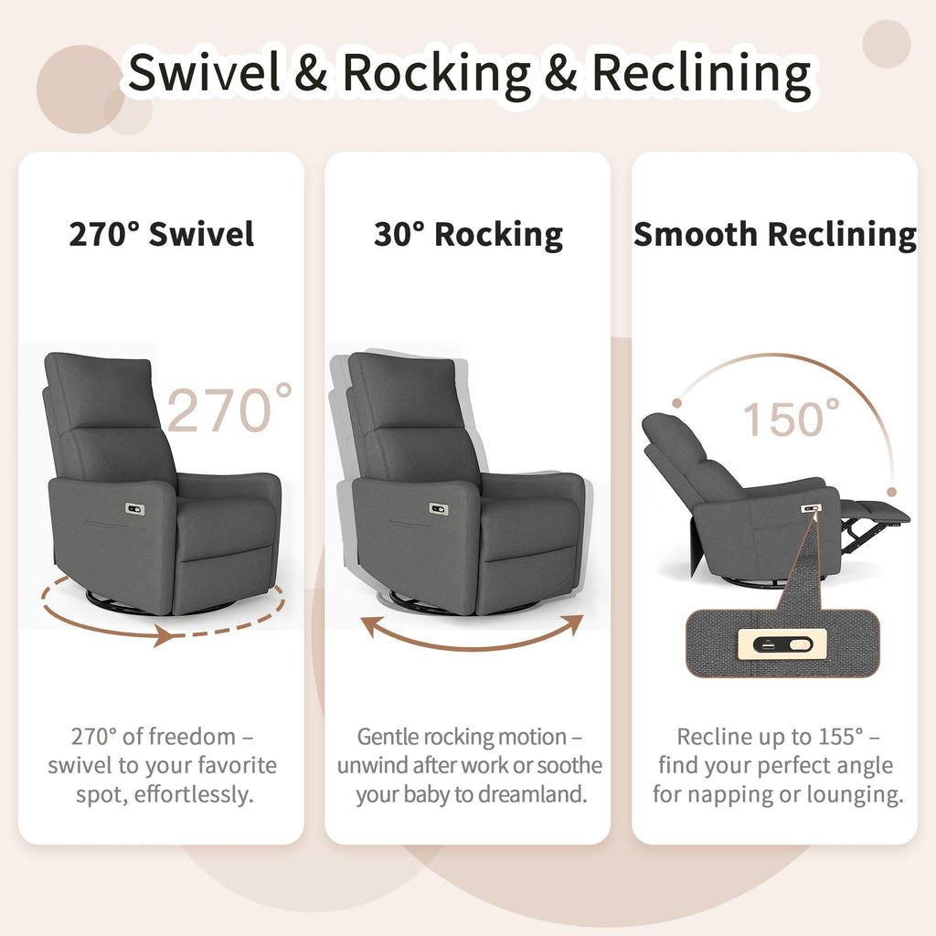 Light Brown Rubberwood Dark Gray Velvet Swivel Rocker Recliner Chair H289348