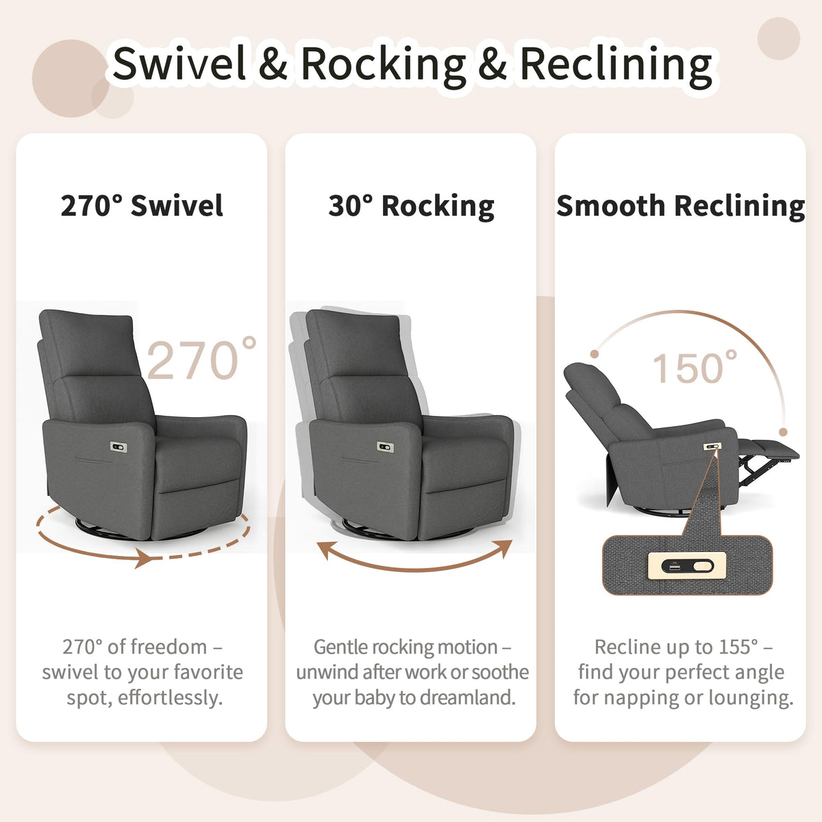 Light Brown Rubberwood Dark Gray Velvet Swivel Rocker Recliner Chair H289348