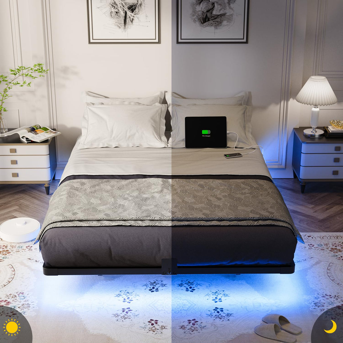 Full Size Metal Floating Bed Frame with LED Light & Charging Station F563441