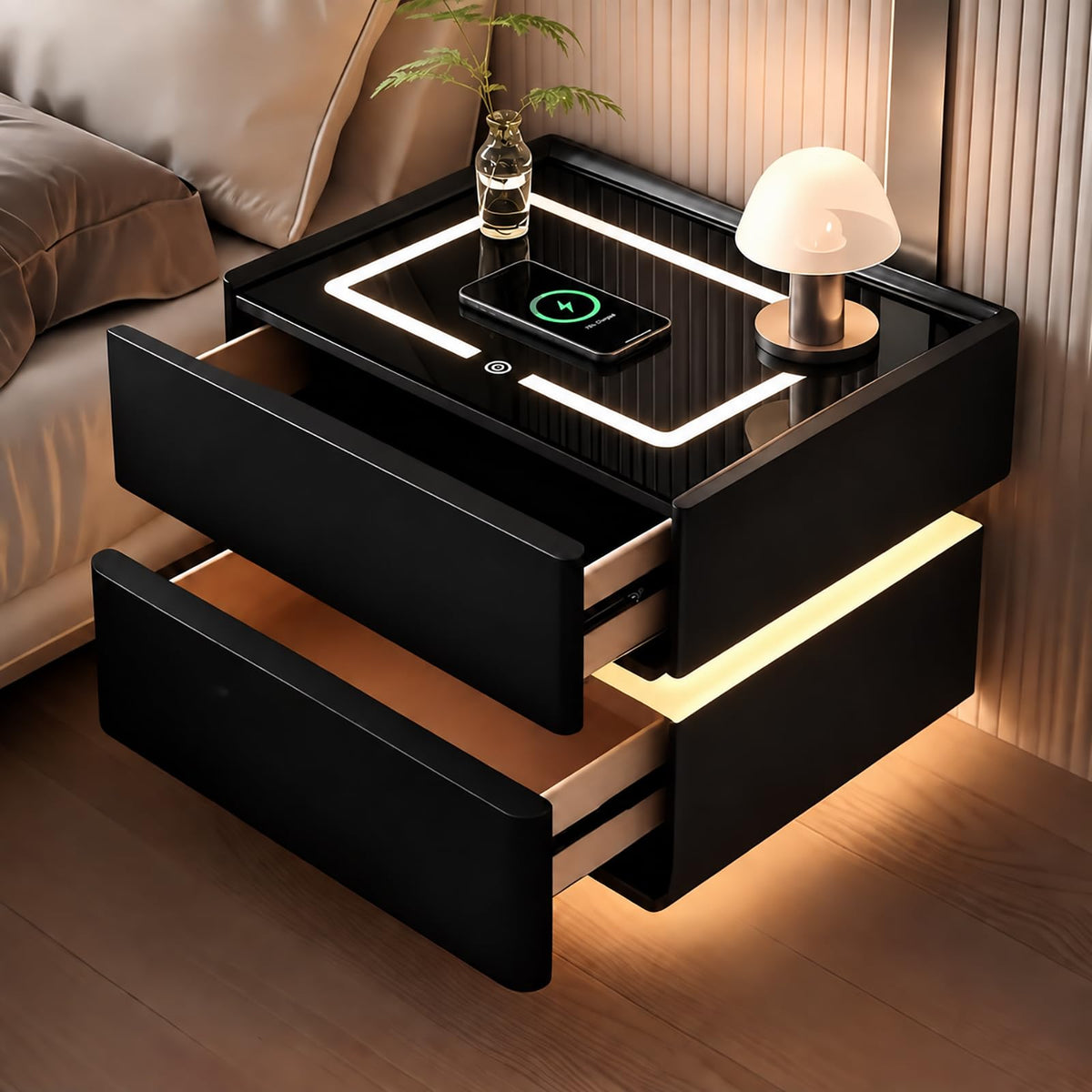 Black Solid Wood Nightstand with Wireless Charging and Drawers R8969