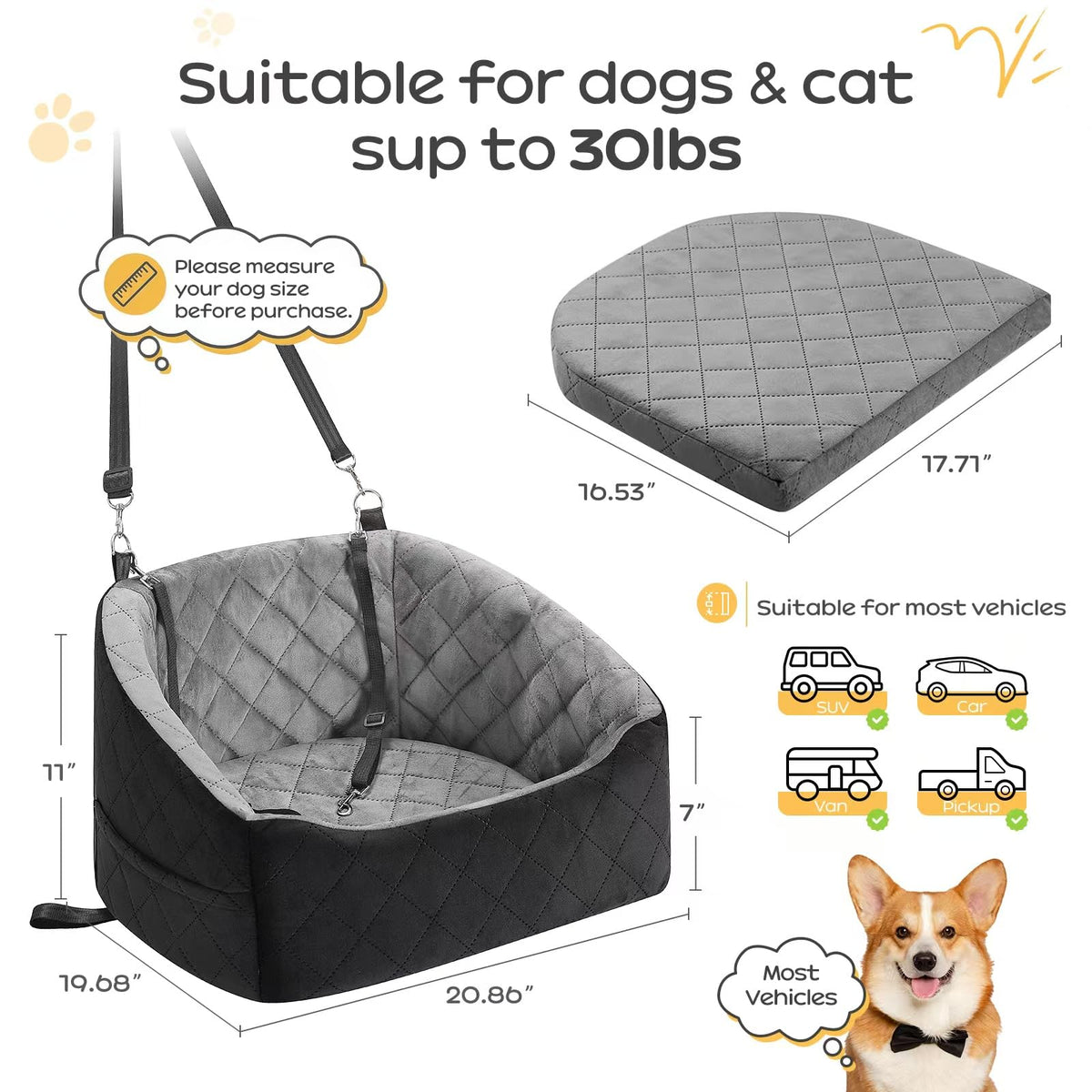 Dog Car Seat for Small Dogs Up to 30 Lbs, Grey-Black F7552