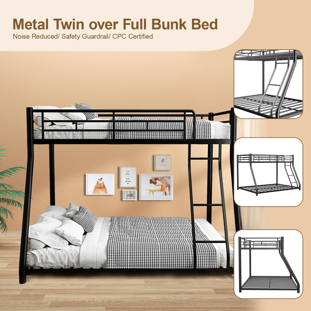 Twin Over Full Size Bunk Bed with Guardrail & Ladder C1396