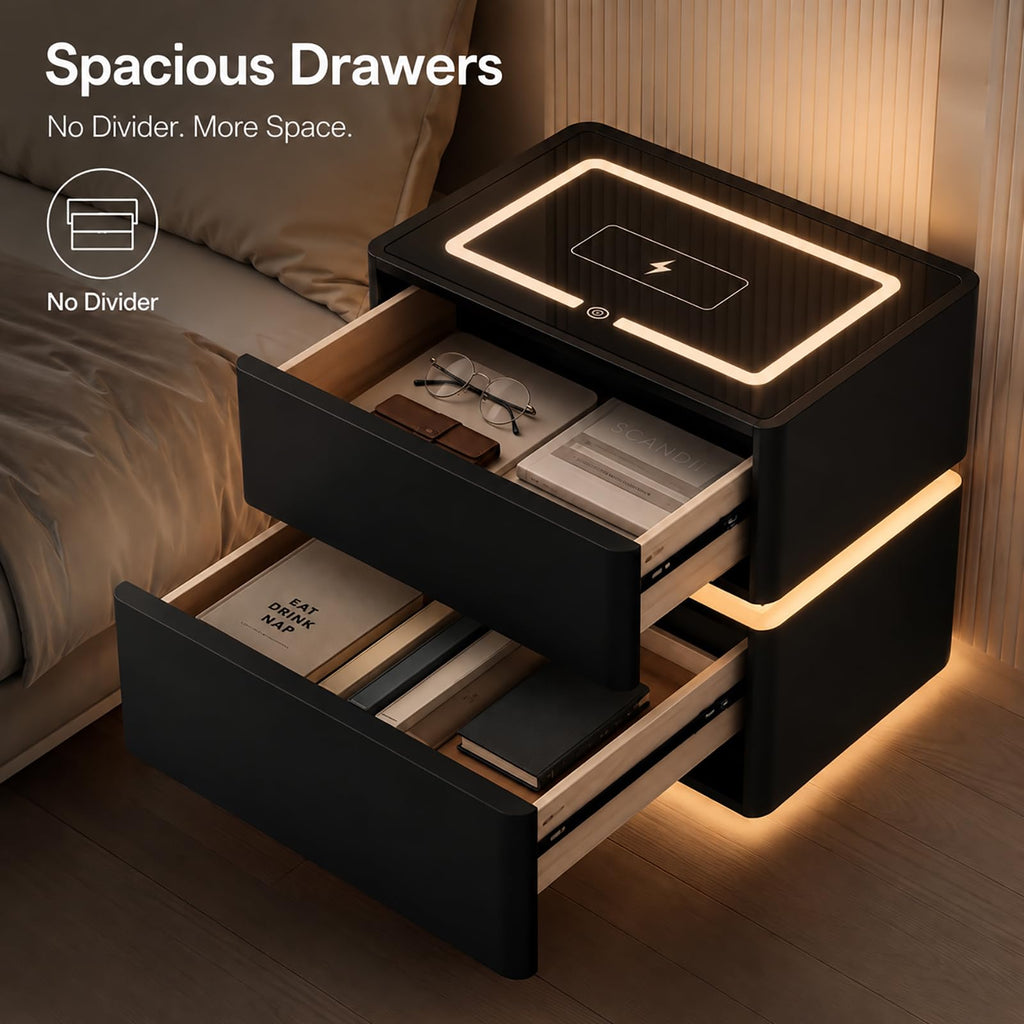 Black Solid Wood Nightstand with Wireless Charging and Drawers R8969