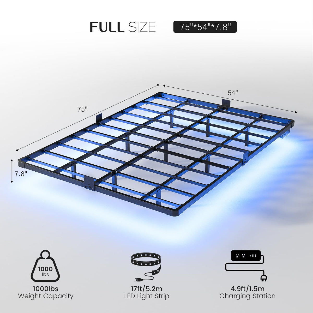 Full Size Metal Floating Bed Frame with LED Light & Charging Station F563441
