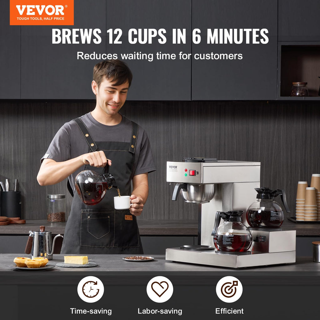 12 Cups Commercial Drip Coffee Maker with 3 Glass Carafes and Warmer Plates G9931