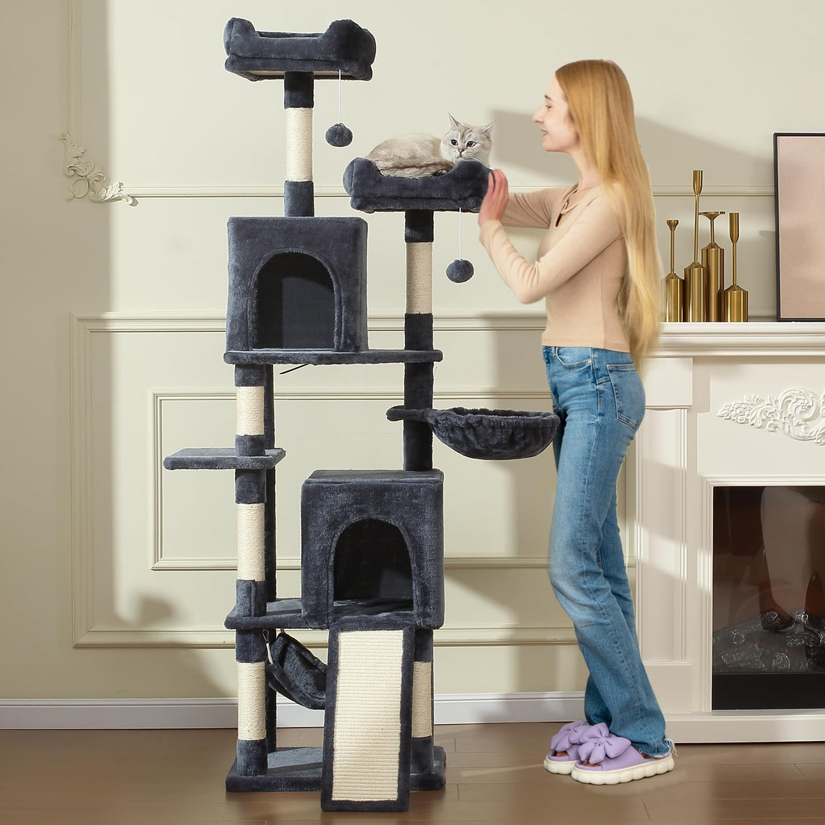 70-Inch Dark Gray Cat Tree Tower with Hammock Y506