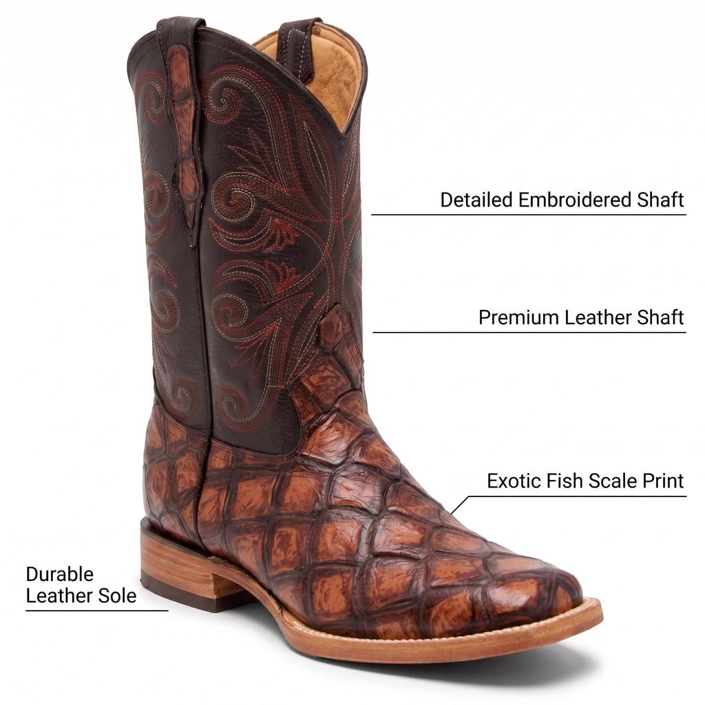 Leather Pirarucu Fish Print Western Boots J456