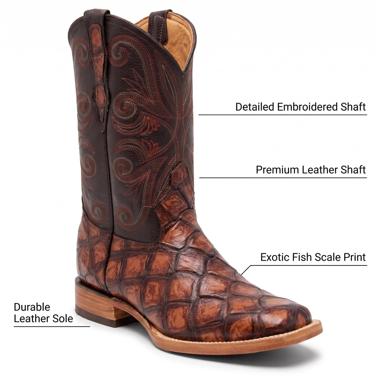 Leather Pirarucu Fish Print Western Boots J456