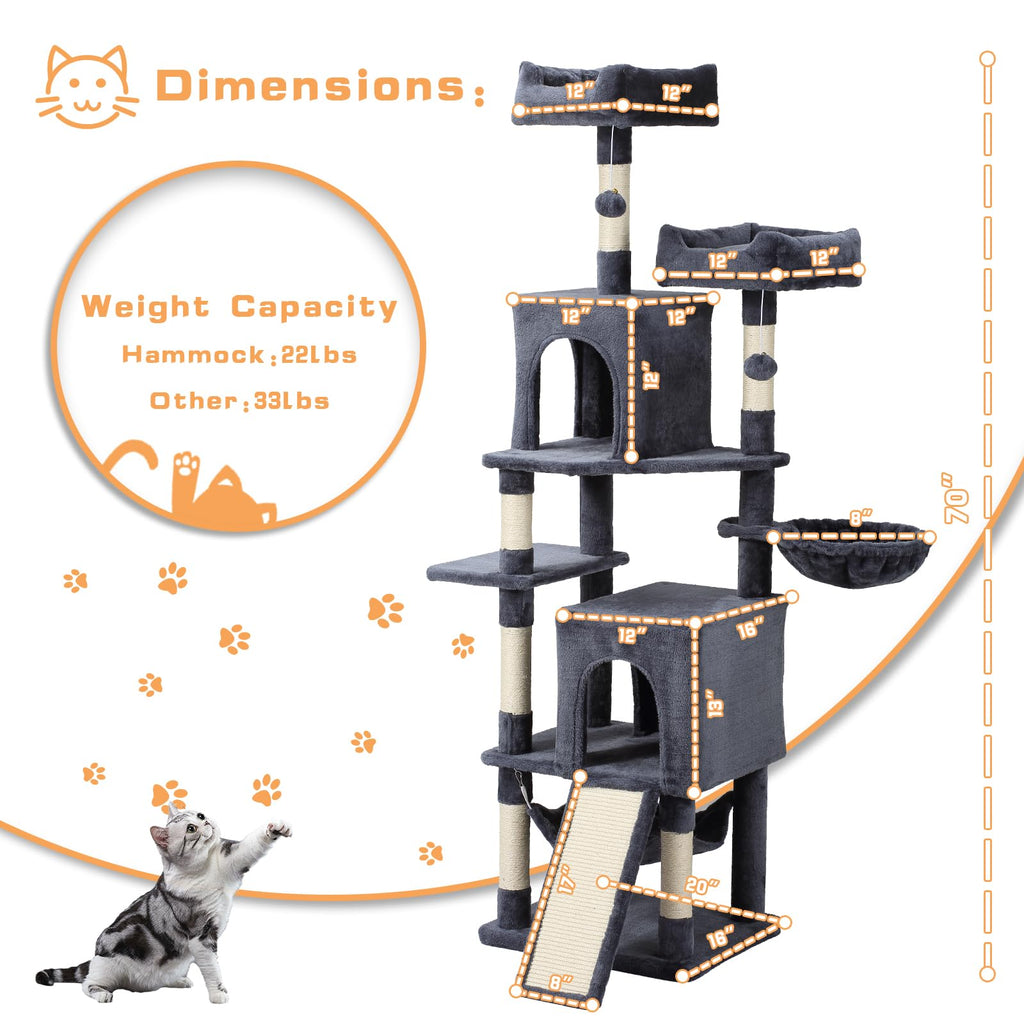 70-Inch Dark Gray Cat Tree Tower with Hammock Y506