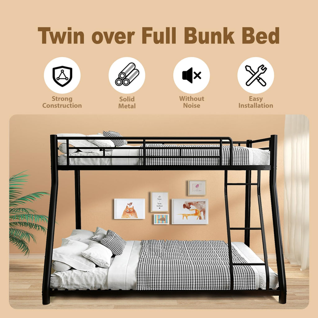 Twin Over Full Size Bunk Bed with Guardrail & Ladder C1396