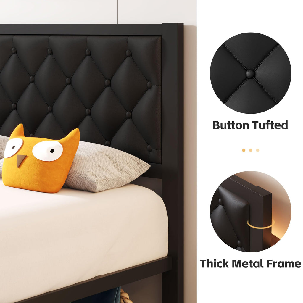 Black PU Leather Upholstered Twin Bed Frame with Headboard E4410